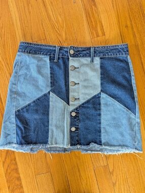 American Eagle Outfitters Two-Tone Patchwork Denim Mini Skirt - Blue